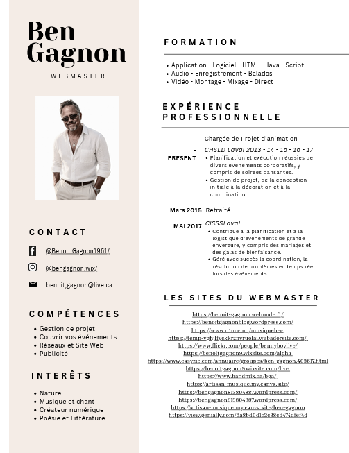 CV en ligne de Ben Gagnon, avec photo, sections Formation, Expérience, Compétences et liens.